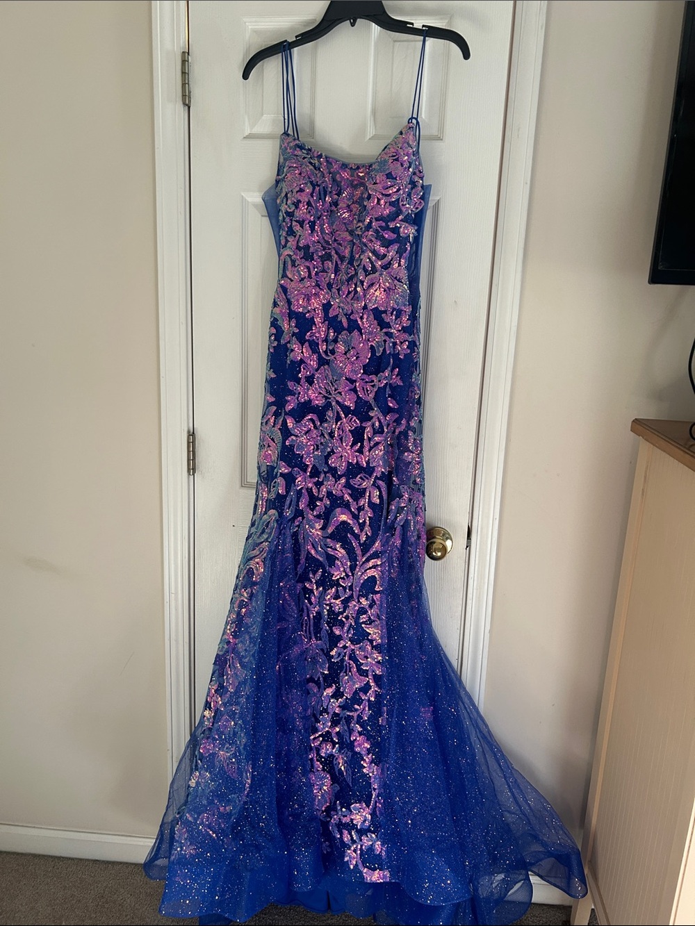 ellie wilde Royal Blue Dress with Pink Sequin Floral Embroidery